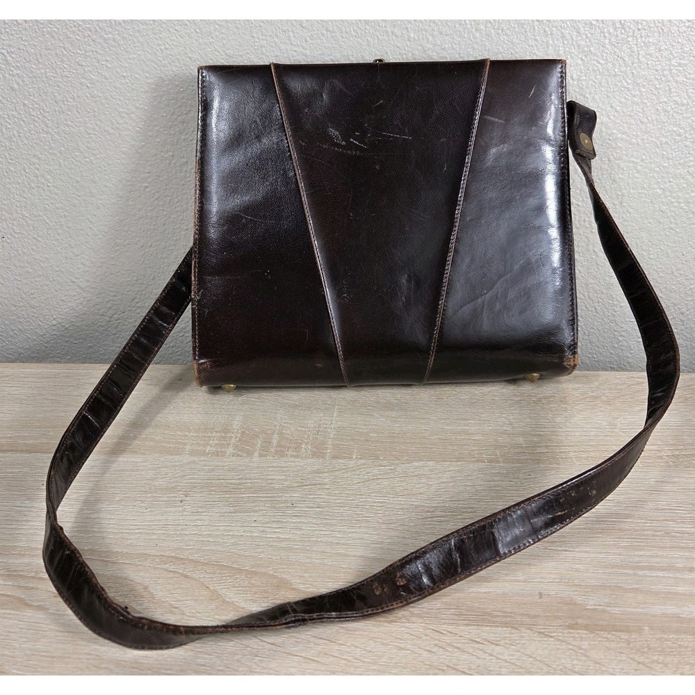 Vintage Dark Brown Glazed‎ Leather Frame Shoulder Bag Structured Purse Gold Tone